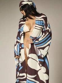 AiiRZ Flowy Long Sleeve Butterfly Abstract Print Beach Kimono Cover Up Summer Vacation Resort Wear Boho Style Open Front Maxi Length Poolside Coverup - Multicolor - View 4