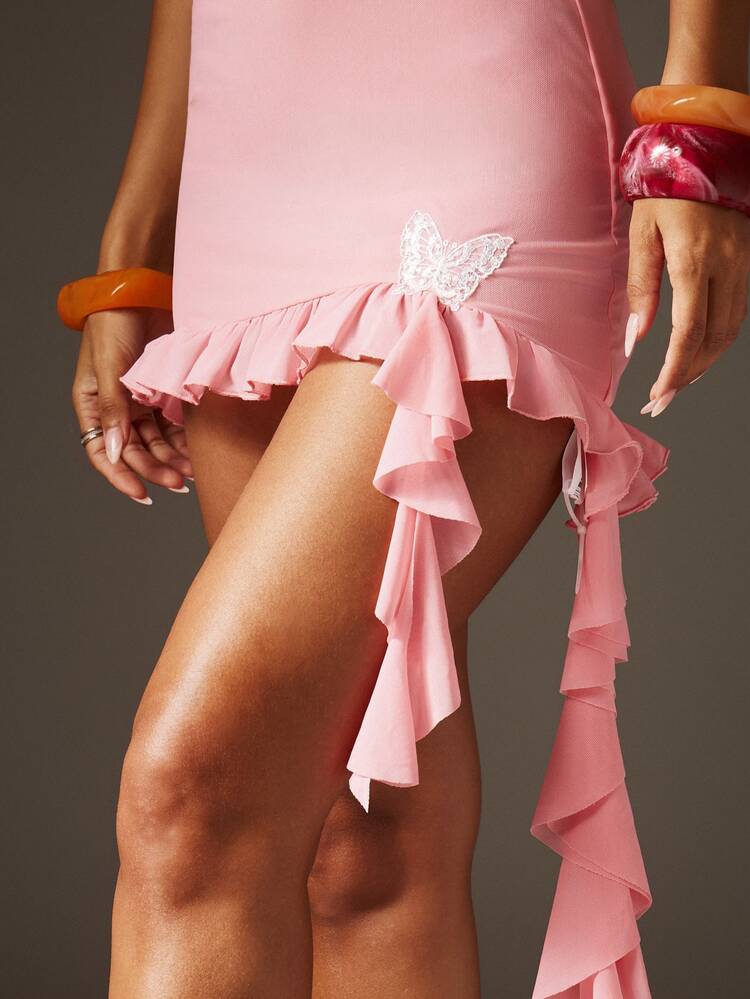 MISSGUIDED Pink Halter Mini Dress With Ruffle Hem And Butterfly Embellishment Mesh Bodycon Party Dress
