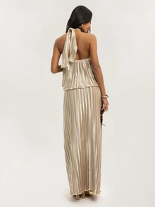 Dancing Leopard Champagne Pleated Twist Halterneck Co-Ord, Special Occasion Wear - Champagne - View 2