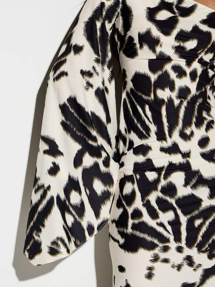 KIZN One Shoulder Leopard Print Maxi Dress With Flare Sleeve