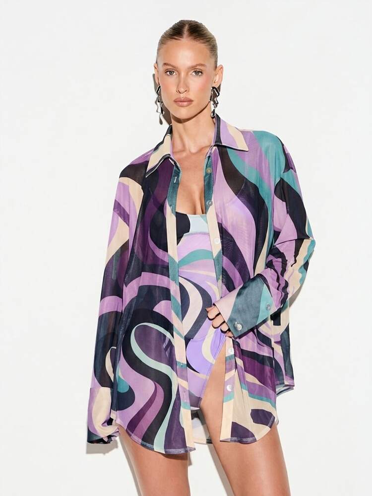 KIZN Swirl Print Mesh Beach Shirt With Long Sleeves