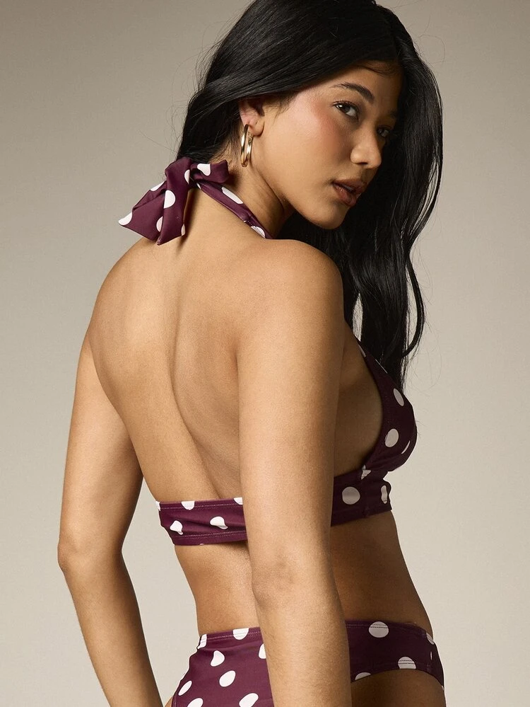 Halter Neck Polka Dot Bikini Top With Tie Back