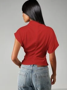 MISSGUIDED Mock Neck Short Sleeve Fitted Top With Relaxed Silhouette And Ribbed Waist Detail - Red - View 2
