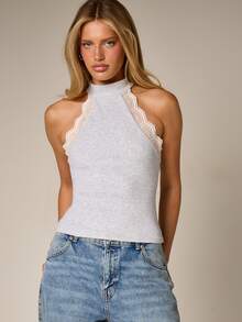 AiiRZ Ribbed Lace Trim Halter Tank Top Mock Neck Sleeveless Fitted Casual Basic Summer Spring Feminine Neutral - Grey - View 1