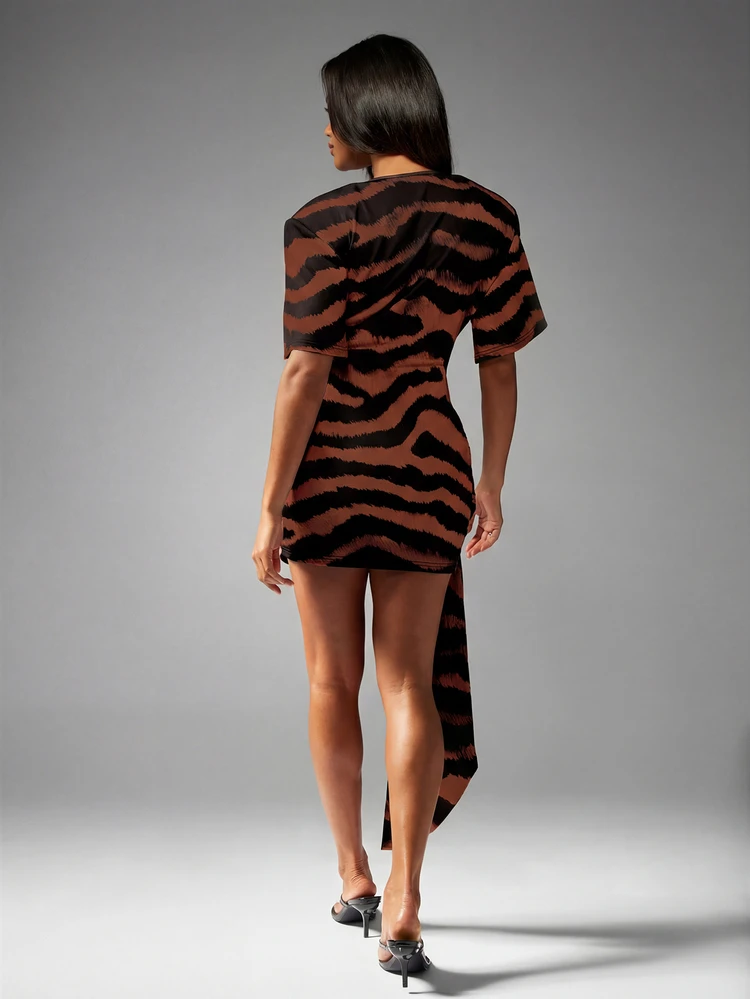 MISSGUIDED Animal Print Short Sleeve Draped Mini Dress With Side Tie Detail Stretchy Fabric For Date Night Party Occasions