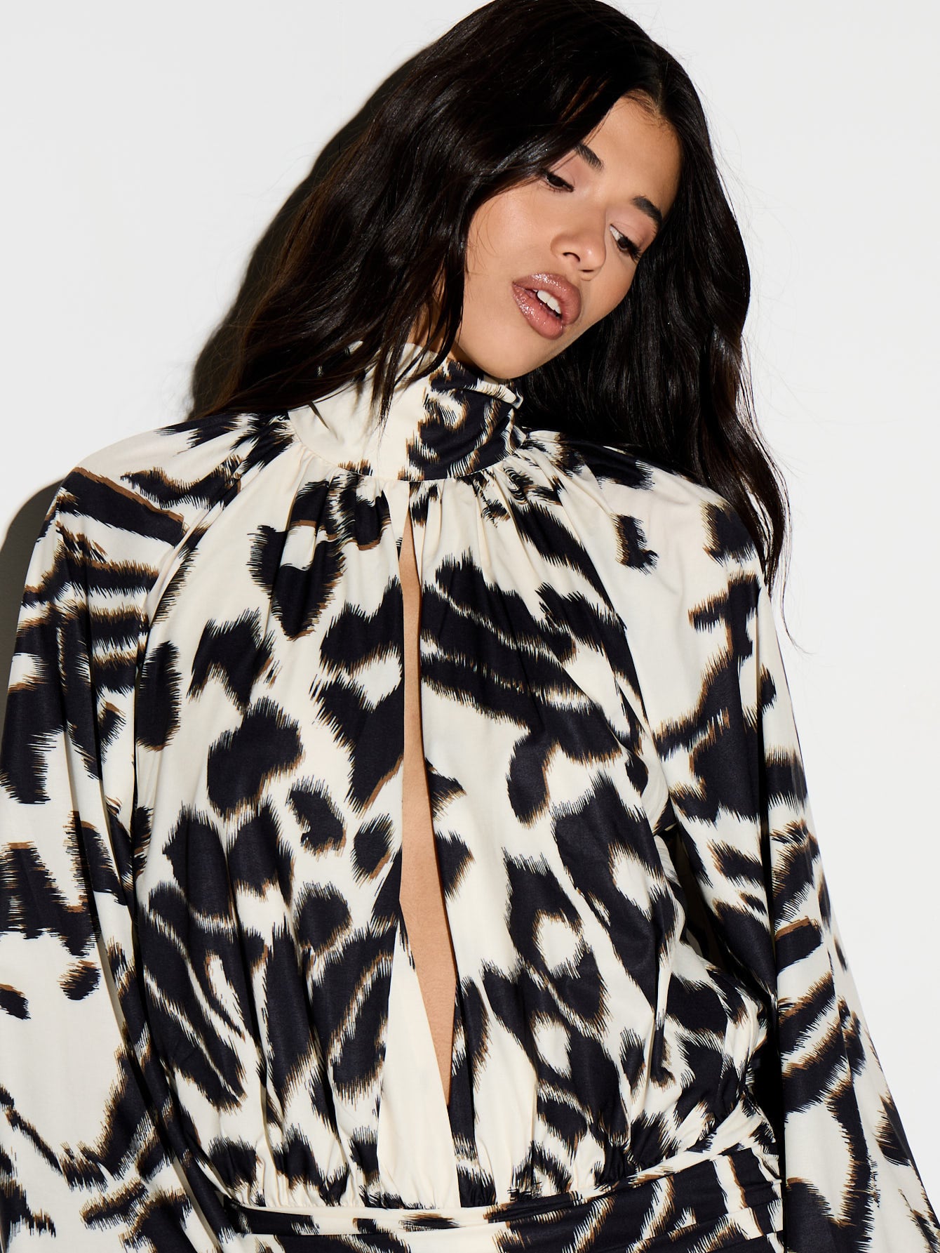 KIZN Animal Print High Neck Puff Sleeve Mini Dress