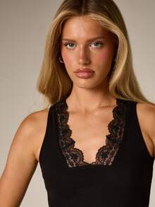 AiiRZ Sleeveless Ribbed Lace Trim V Neck Tank Top Casual Fitted Vest Cami Summer Spring - Black - View 2