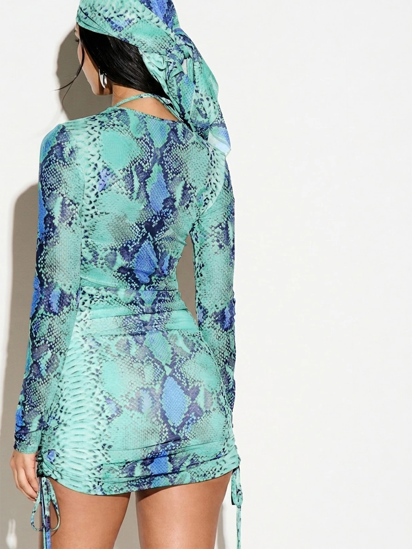 KIZN Snake Print Mesh Long Sleeve Crop Top