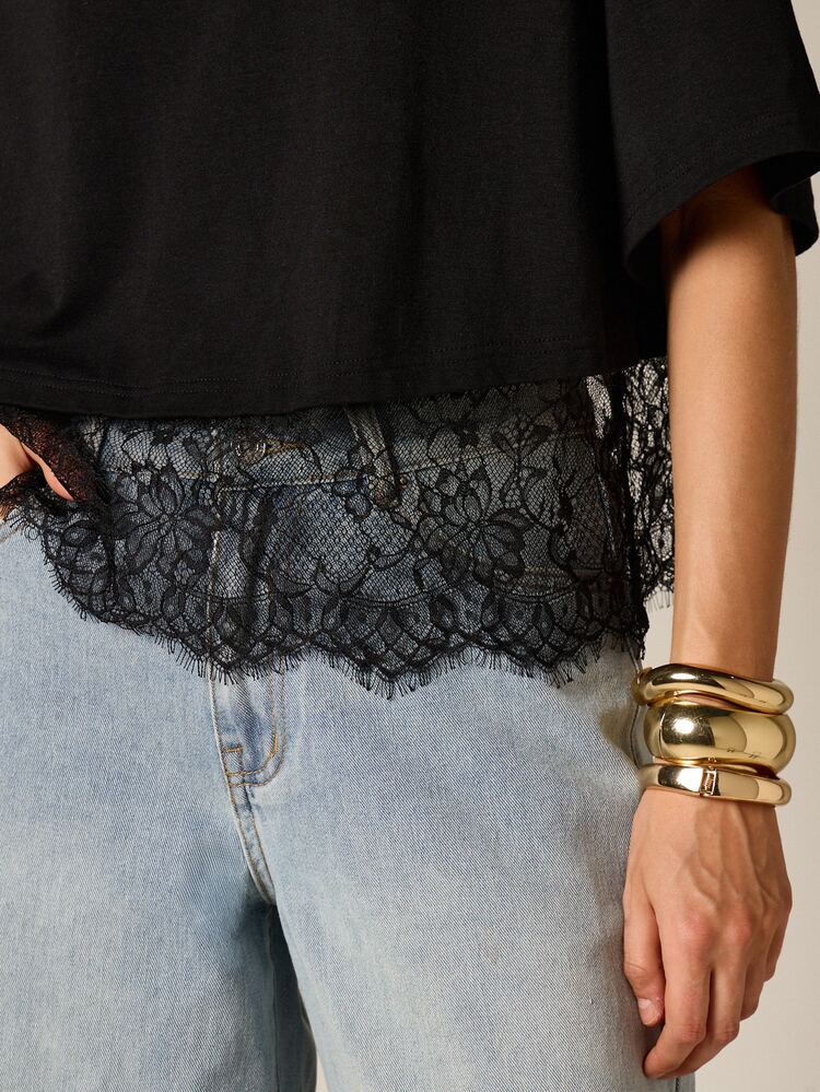 Black Oversized T-Shirt With Lace Trim