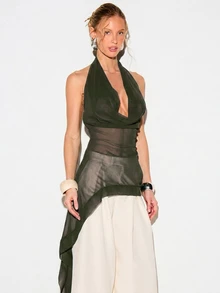 KIZN Halter Neck Chiffon Cami Top With Asymmetrical High Low Draped Hem - Khaki - View 5