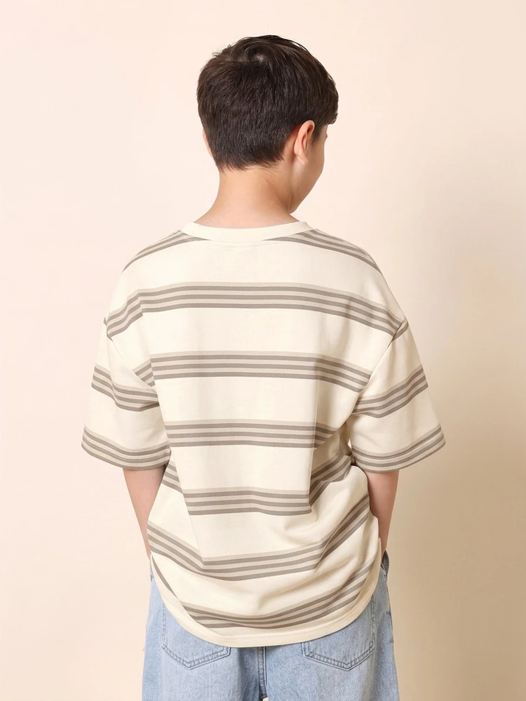 Oversized Relaxed Fit Crew Neck Striped Short Sleeve Tee With Horizontal Multi Tone Stripes Casual Everyday Comfort