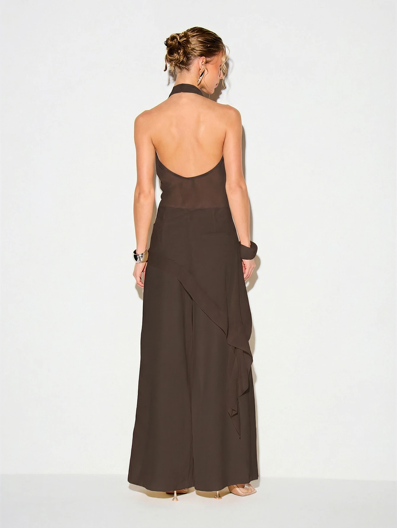 KIZN Chiffon Halter High Low Cami With Ruffles