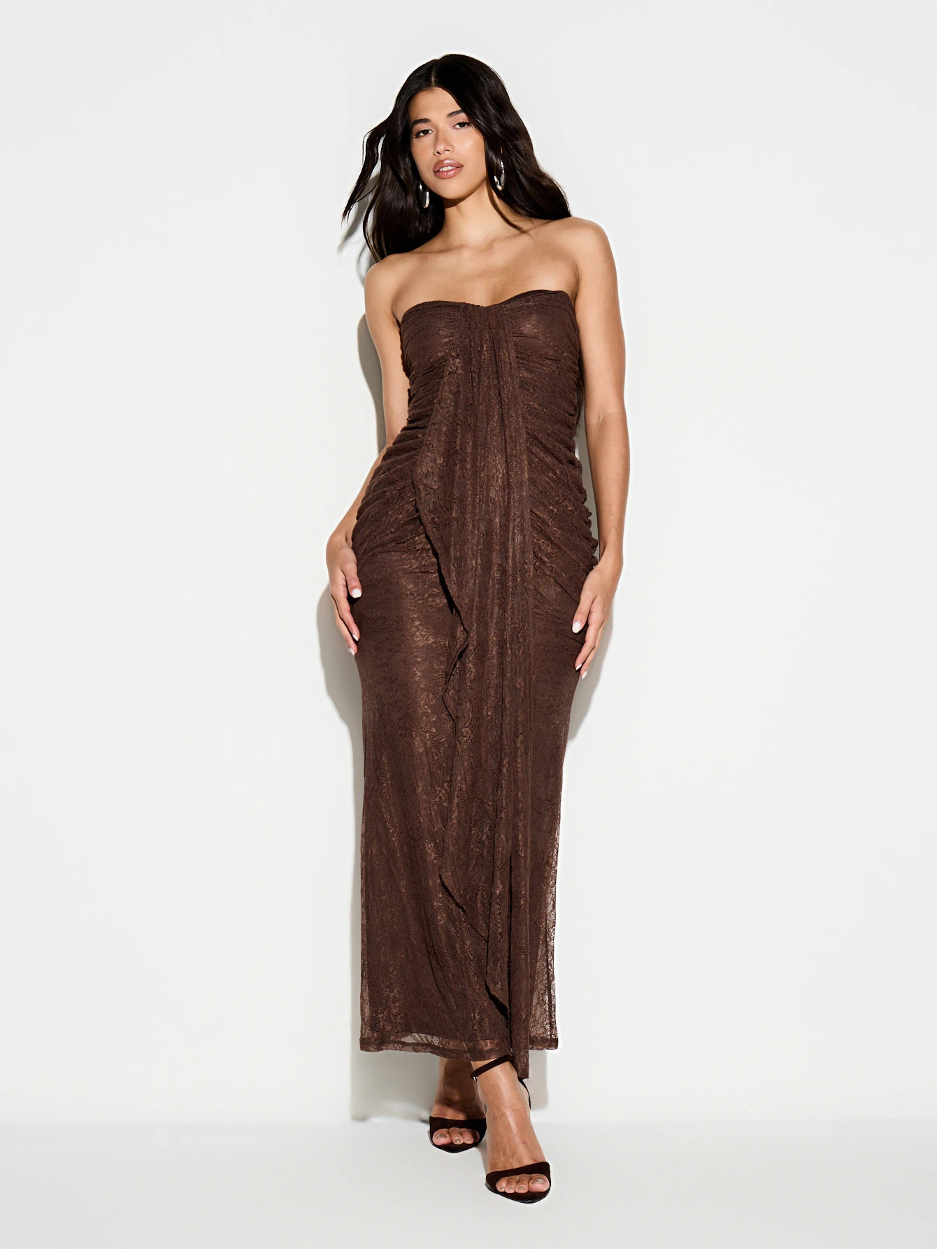Brown Lace Bandeau Ruched Maxi Dress