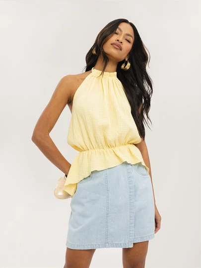 Dancing Leopard Yelena Yellow Linen High Neck Open Back Loose Fit Top, Summer Outfits For Women, Holiday Top, Date Night Top, Vacation Outfits Women, Festival Top, Spring And Summer, Brunch Outfit, Beach Outfits For Women