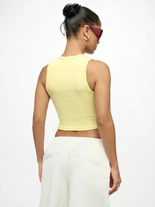 SUMWON WOMEN Sleeveless Ribbed Tank Top With Number Two Star Graphic Print Cropped Racerback Style - Pale Yellow - View 2