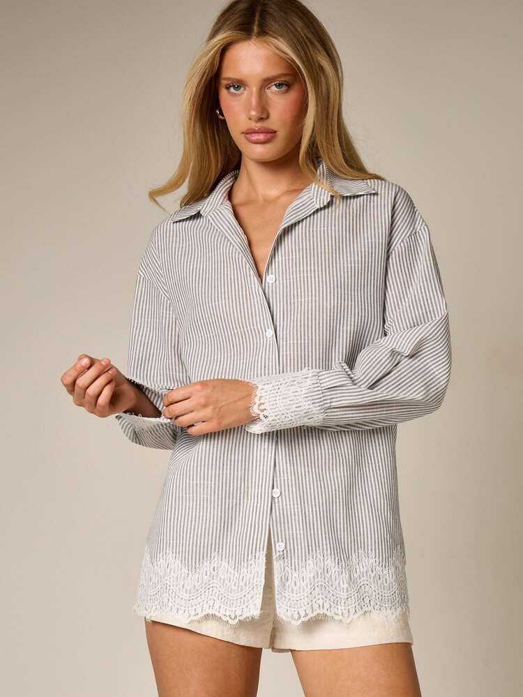 AiiRZ Oversized Striped Button Down Shirt With White Lace Trim Details Long Sleeve Collared Blouse For Spring Summer