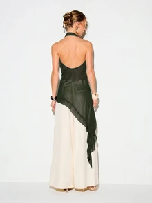 KIZN Halter Neck Chiffon Cami Top With Asymmetrical High Low Draped Hem - Khaki - View 2