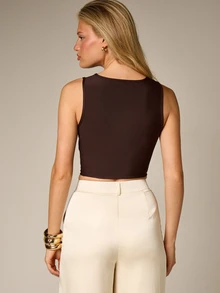 AiiRZ Sleeveless Knot Detail Drape Tank Top With Front Tie Accent Cropped Racerback Casual Summer Fashion - Coffee Brown - View 3