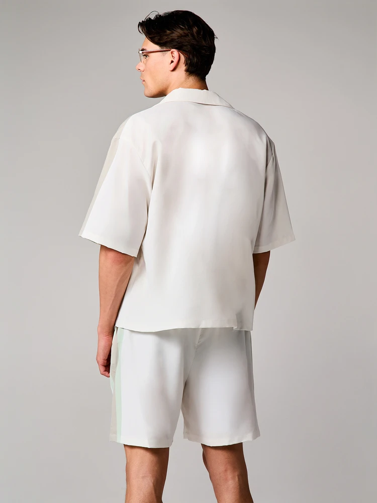 Oversized Two Piece Short Sleeve Button Front Shirt And Drawstring Shorts Set With Collar And Side Pockets Summer Vacation Resort Wear