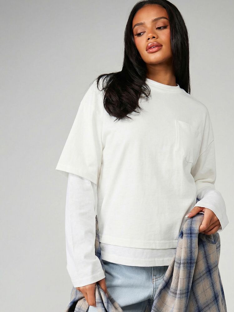 MISSGUIDED Double Layered Oversized Crewneck T-Shirt With Long Sleeves Relaxed Fit Casual Streetwear Fall Winter Top