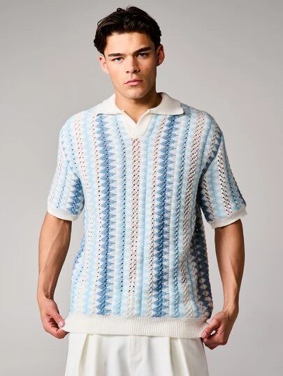 SUMWON Boxy Fit Textured Knitted Striped Resort Polo Short Sleeve Collared Summer Vacation Casual Lightweight Breathable