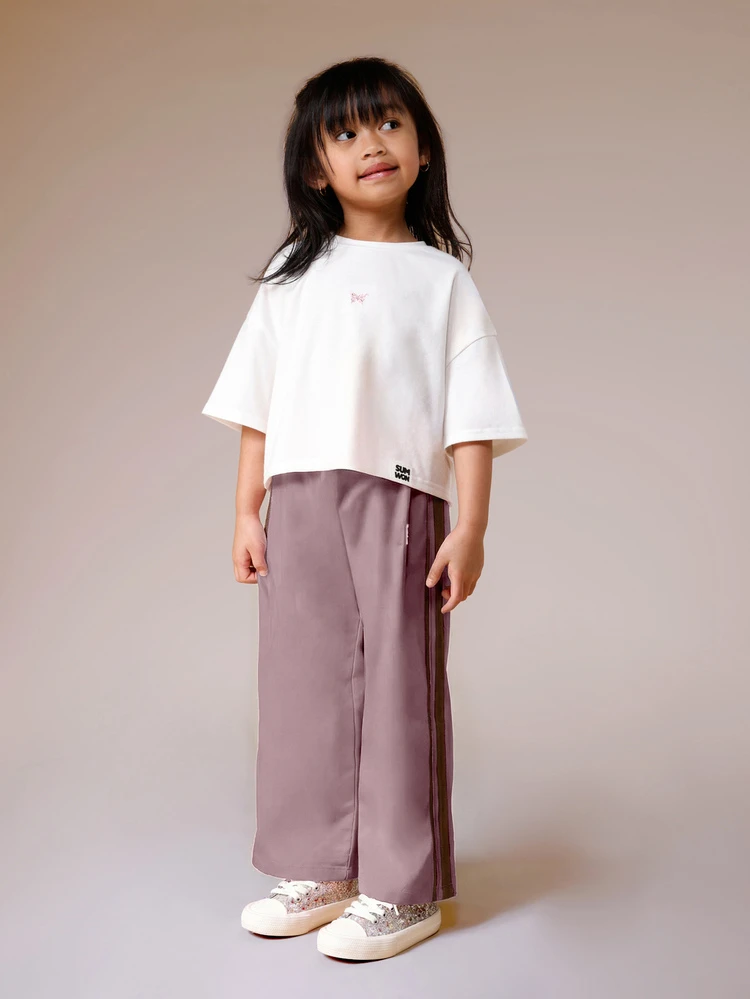 Girl's Cropped T-Shirt And Wide Leg Jogger Co-Ord Set With Embroidered Detail And Side Taping