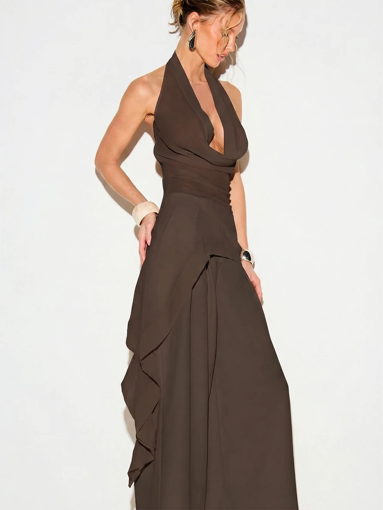 KIZN Chiffon Halter High Low Cami With Ruffles