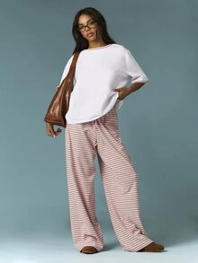 MISSGUIDED Stripe Contrast Ribbed Two Piece Oversized Top Wide Leg Palazzo Lounge Set Crew Neck Short Sleeve Drawstring Waist Casual Comfort Outfit White Pink - Multicolor - View 1