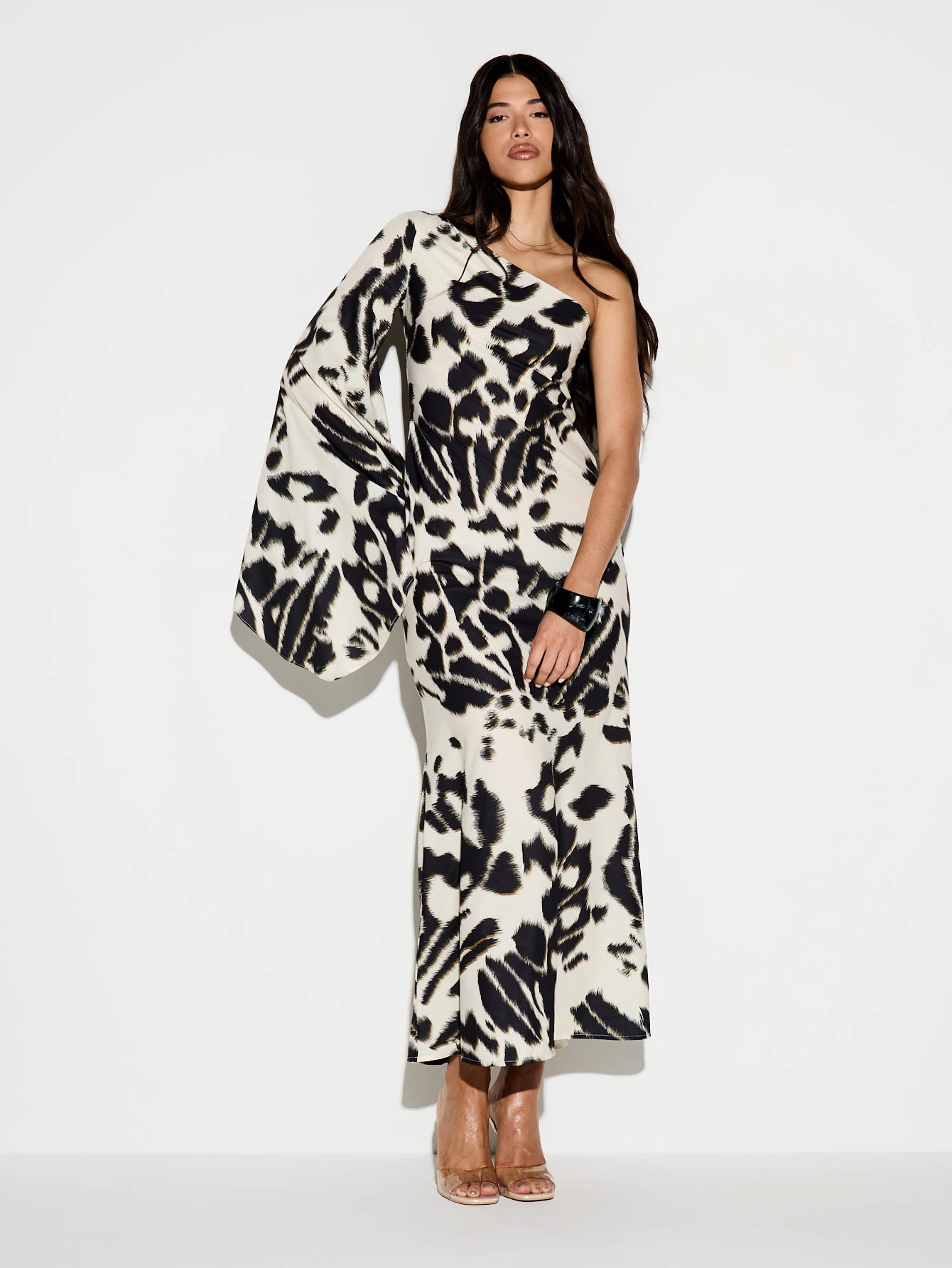 KIZN One Shoulder Leopard Print Maxi Dress With Flare Sleeve