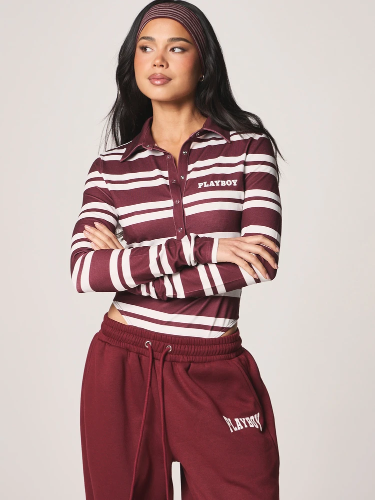 Missguided x Playboy Long Sleeve Collared Polo Burgundy White Horizontal Striped Classic Bodysuit Fall Winter