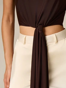 AiiRZ Sleeveless Knot Detail Drape Tank Top With Front Tie Accent Cropped Racerback Casual Summer Fashion - Coffee Brown - View 2