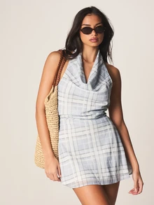 MISSGUIDED Plaid Cowl Neck Halter Mini Dress With Waist Ties Ruched Draped Summer Party Bodycon Backless Sleeveless - Multicolor - View 6
