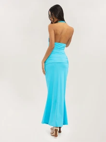 Dancing Leopard Đầm maxi màu xanh dương cổ đổ xẻ sâu, xếp ly, trang phục mùa hè cho nữ, đầm dự đám cưới, đầm đi nghỉ mát, đầm đi du lịch, đầm dự tiệc ngoài trời, đầm hẹn hò, đầm dạ hội, đầm dự tiệc. - Màu xanh lam - Xem 2