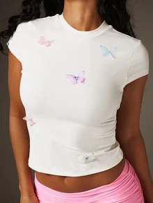 MISSGUIDED Áo thun tay ngắn croptop in hình bướm, kiểu dáng thường ngày mùa hè, màu trắng ôm sát, nữ tính, dễ thương. - trắng - Xem 5