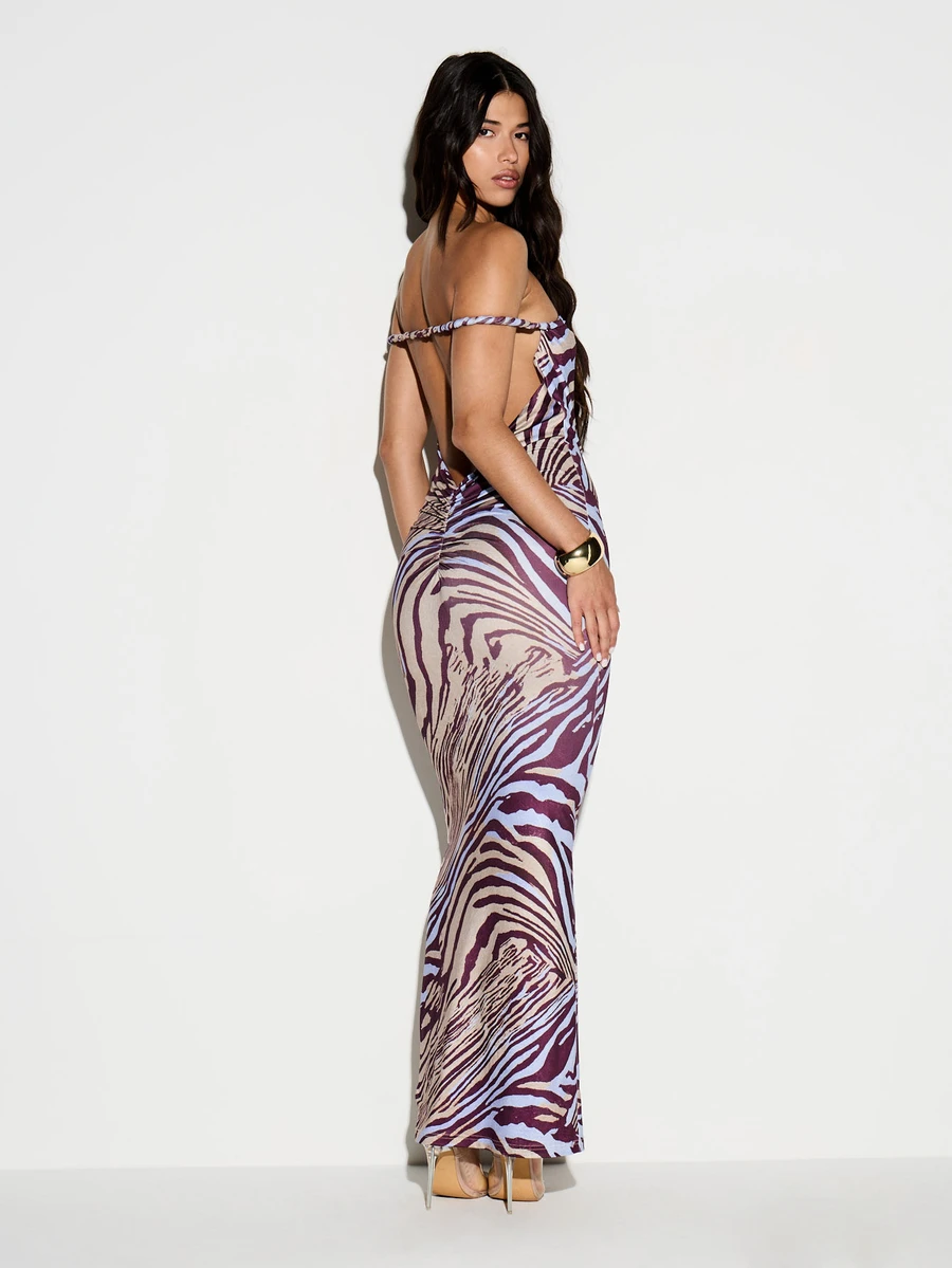 KIZN 无肩带斑马纹扭结肩带长款连衣裙，飘逸及地，修身廓形，适合夏季派对晚宴。 - 彩色 - 查看 1