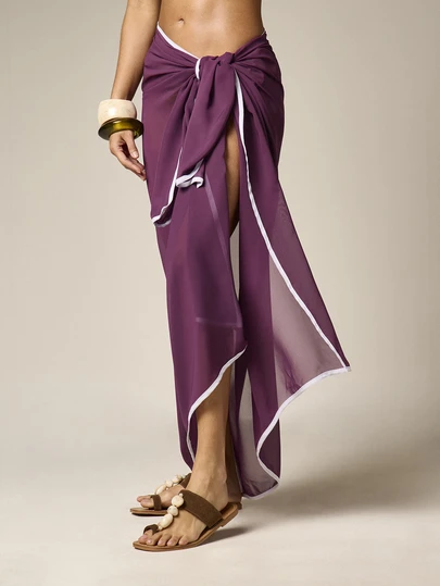 AiiRZ Chiffon Sarong Skirt With Contrast White Piping Edge Detail Flowing Beach Cover Up Wrap Style Summer Vacation Resort Wear