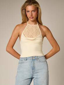AiiRZ Áo hai dây không tay phối ren, kiểu dáng crop top ôm sát, nữ tính, lấy cảm hứng từ phong cách vintage, thanh lịch và sang trọng, thích hợp mặc mùa hè. - Vàng nhạt - Xem 1
