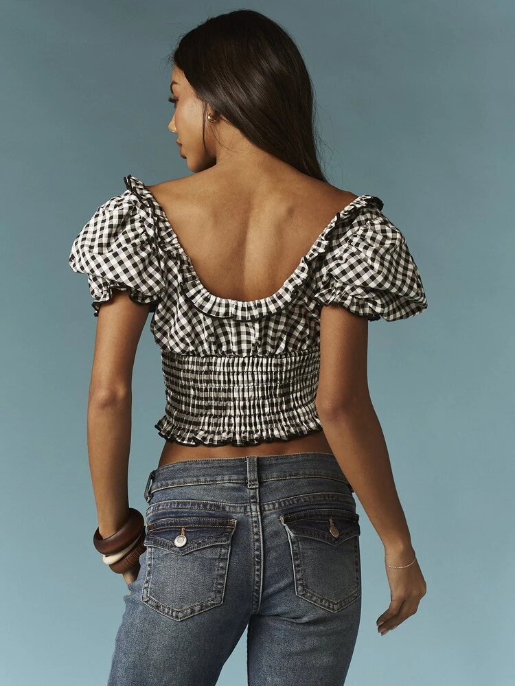 MISSGUIDED Black White Gingham Check Off Shoulder Puff Sleeve Button Front Crop Top Feminine Ruffle Neckline Short Sleeve Blouse Summer Spring Vintage Style