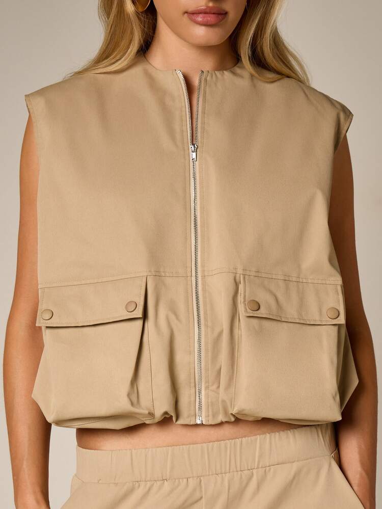 Sleeveless Zip Through Utility Jacket With Patch Pockets