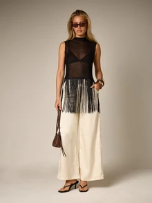 AiiRZ Áo tank top không tay cổ cao, chất liệu lưới xuyên thấu, viền tua rua màu đen. - màu đen - Xem 4