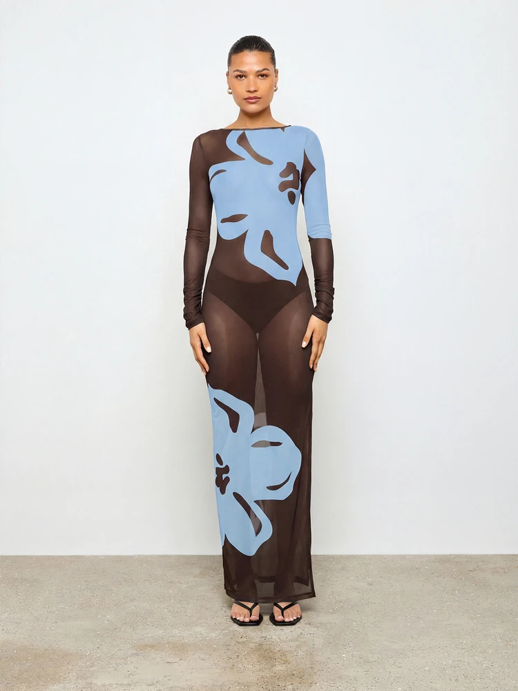 Mesh Floral Print Maxi Dress With Open Back