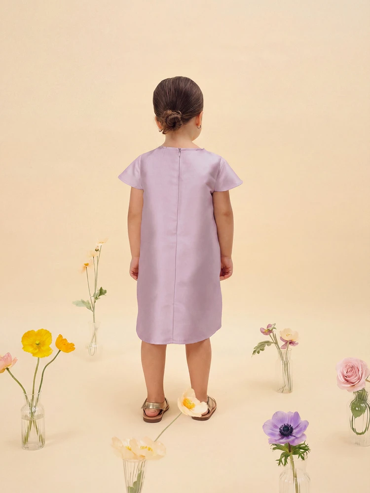 Little Satin Short Sleeve Flower Embellished Straight Shift Spring Summer Party Formal Easter Wedding Guest Holiday Dress