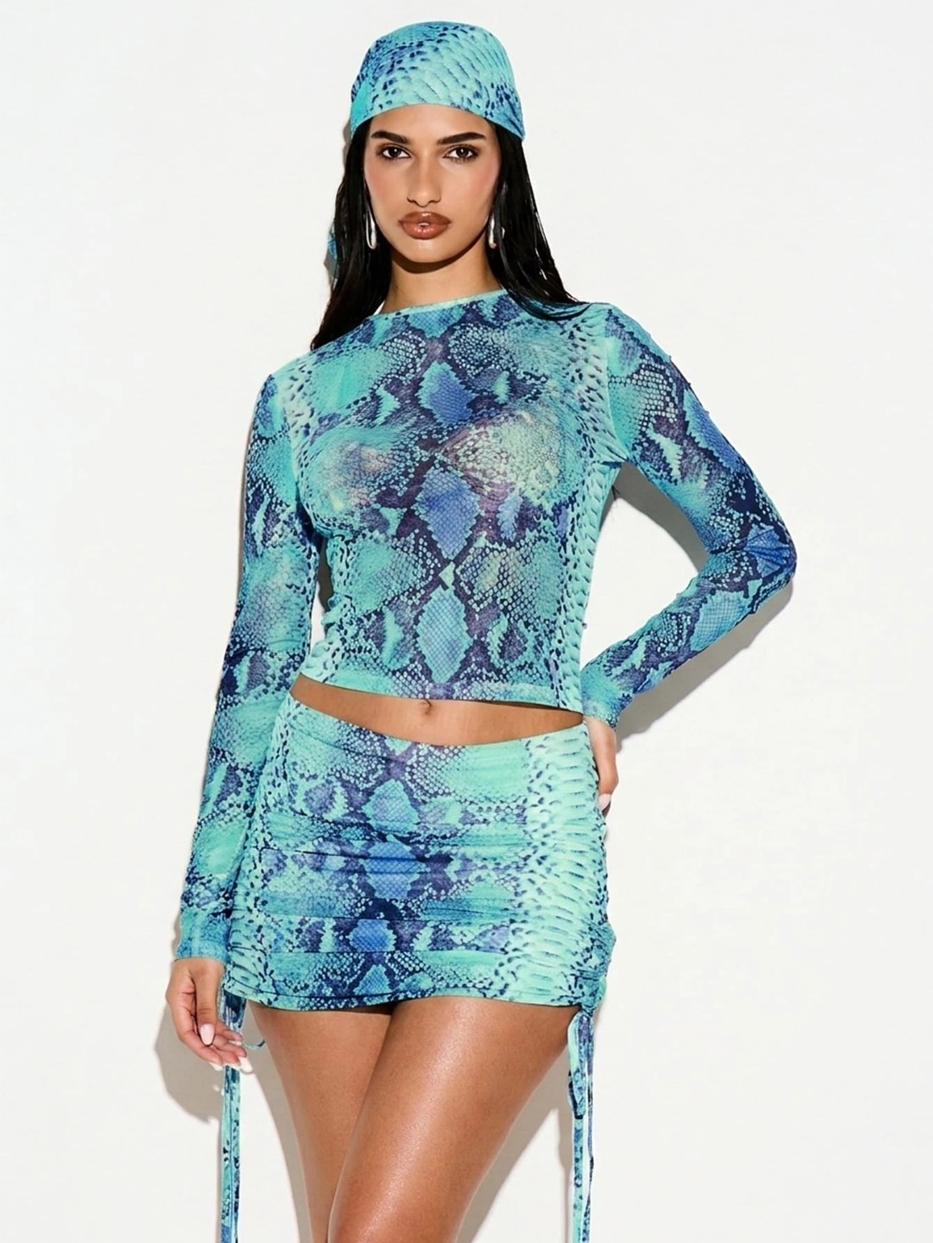 KIZN Snake Print Mesh Long Sleeve Crop Top
