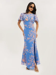 Dancing Leopard Blue And Orange Floral Ruffle Split Dress, Special Occasion Wear - Multicolor - View 4