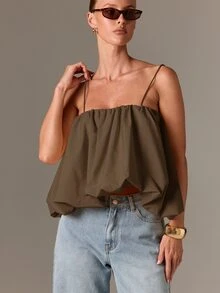 AiiRZ Áo hai dây kiểu Bohemian xếp ly với vạt phồng và dây đeo mảnh có thể điều chỉnh, thích hợp cho thời trang hè thường ngày. - màu nâu - Xem 5