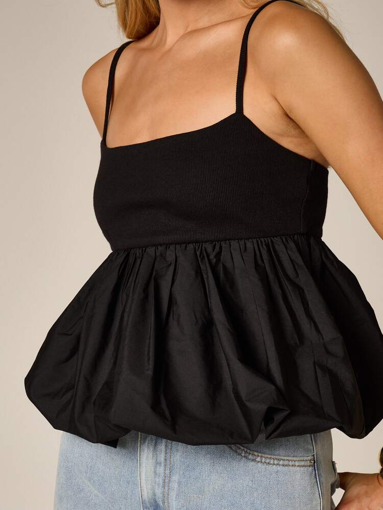 Black Bubble Hem Cami Top With Ribbed Bodice