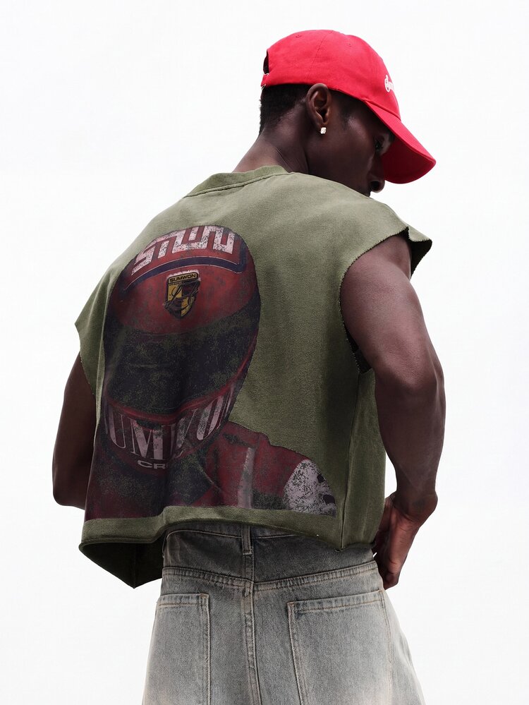 Men Sleeveless Tank Top With Printed Back Graphic Design Casual Summer Streetwear