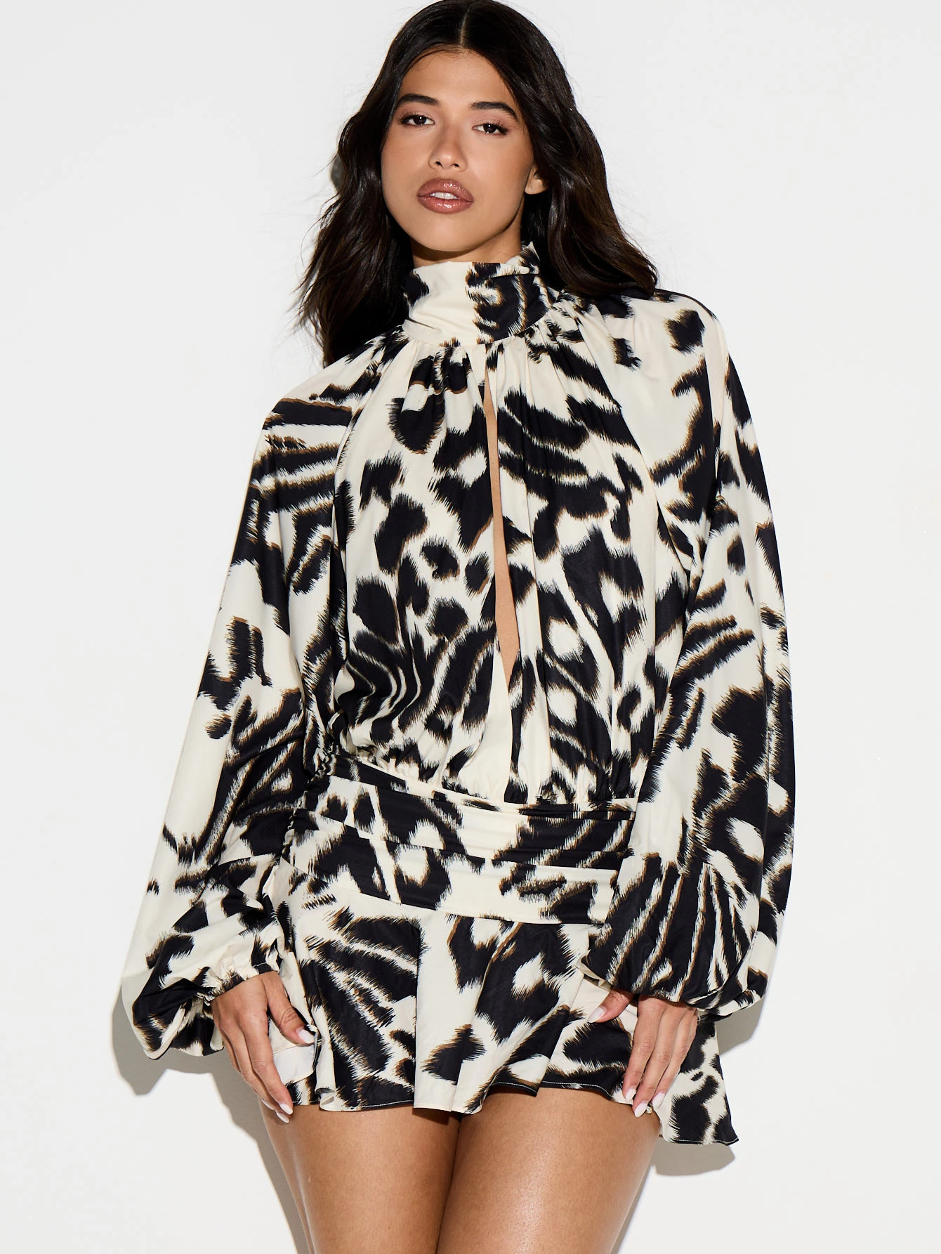 KIZN Animal Print High Neck Puff Sleeve Mini Dress
