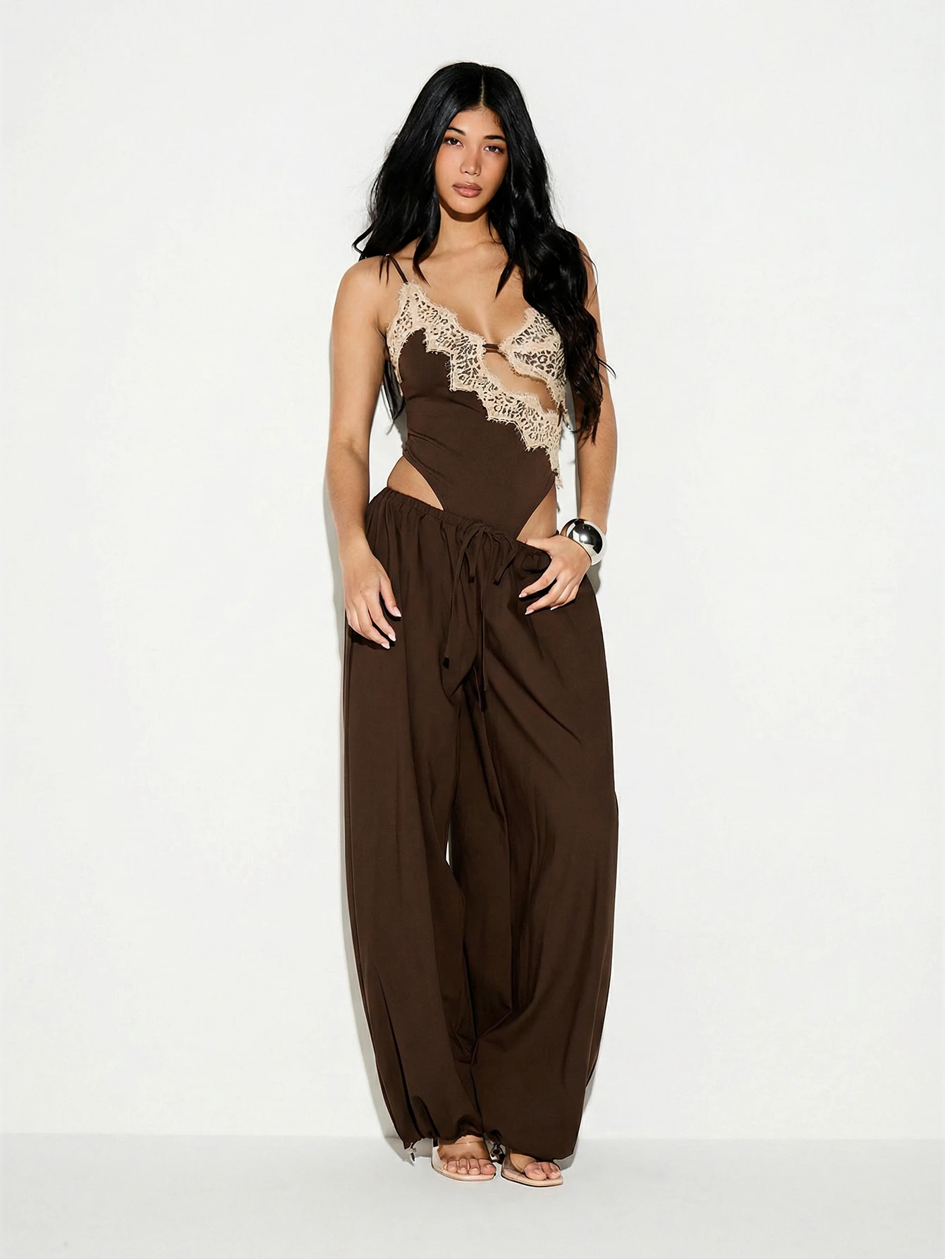 KIZN Strappy Lace Cut Out Bodysuit With Adjustable Straps