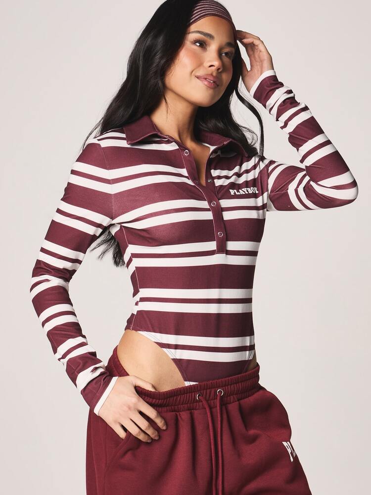 Missguided x Playboy Long Sleeve Collared Polo Burgundy White Horizontal Striped Classic Bodysuit Fall Winter